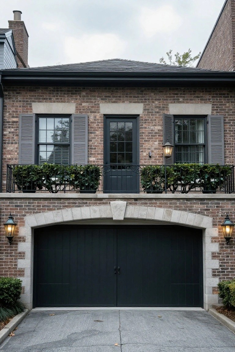Front exterior of a brick colonial house with a large arched garage featuring dark paneled doors under a light stone arch, flanked by lanterns, a balcony with planters above, and windows with gray shutters.