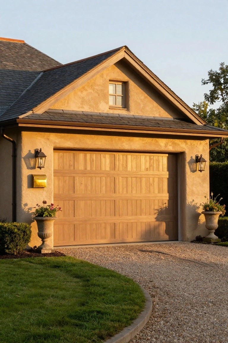 Beige stucco garage with light wooden vertical panel door, black lanterns on walls, stone urn planters with flowers on either side, gravel driveway, and curved lawn edge.