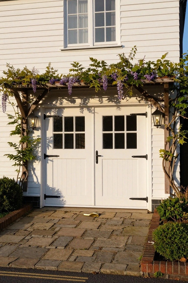 White clapboard house exterior featuring double white paneled garage doors under a wooden pergola covered in purple wisteria vines, with lanterns on posts and shrubs along a paved pathway.