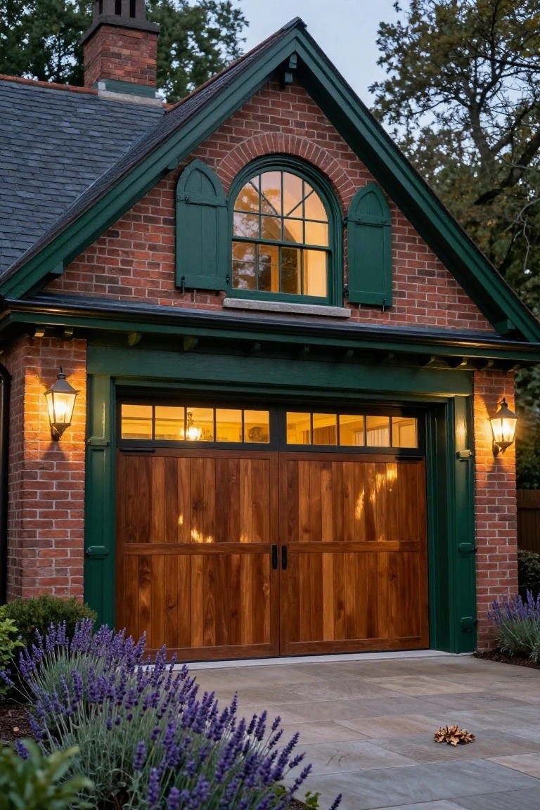 Brick colonial-style detached garage with green trim and shutters, wooden garage door with glass panels and wrought iron handles, lantern lights on sides, lavender plants along the front, on a paved driveway at dusk.