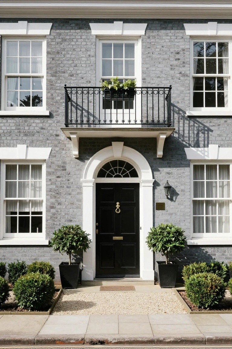 Gray brick two-story townhouse with white trim around multipane windows, iron balcony with plants, arched white entry with black door and brass knocker, flanked by potted boxwood shrubs.