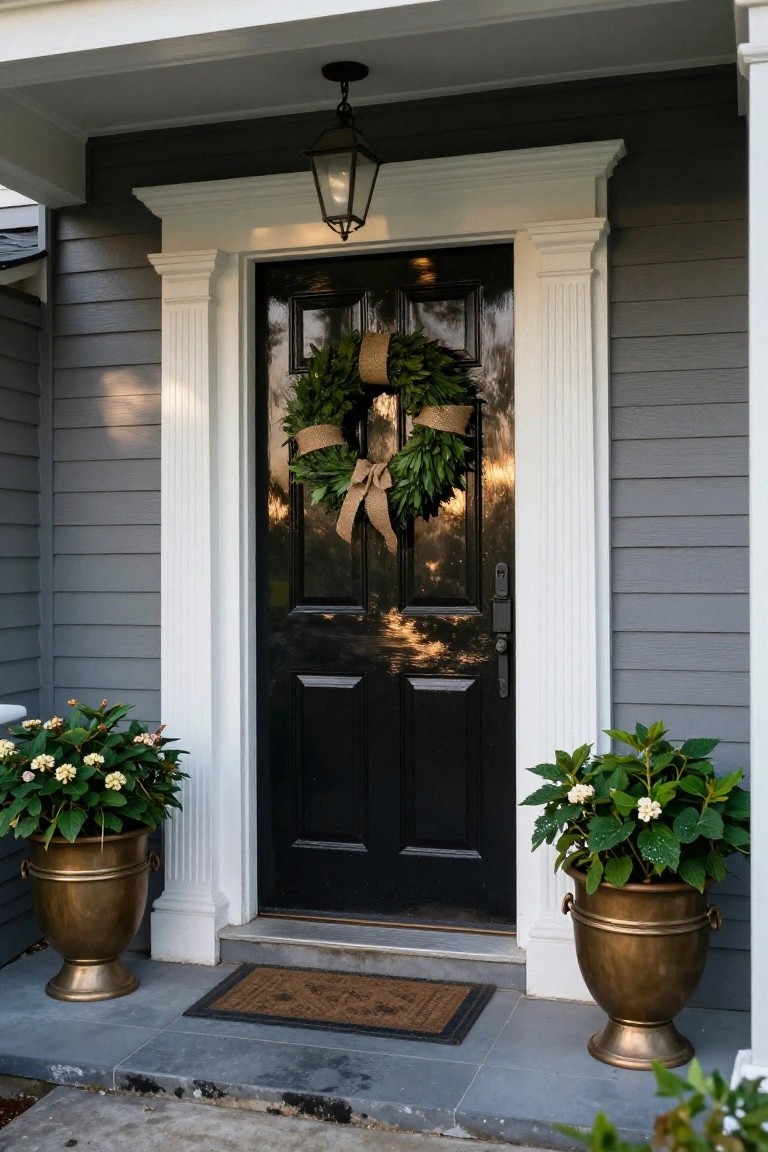 Gray clapboard house exterior featuring a black double front door with white columns on each side, brass urn planters holding white-flowered plants, a greenery wreath with burlap bow on the door, and a lantern light overhead.
