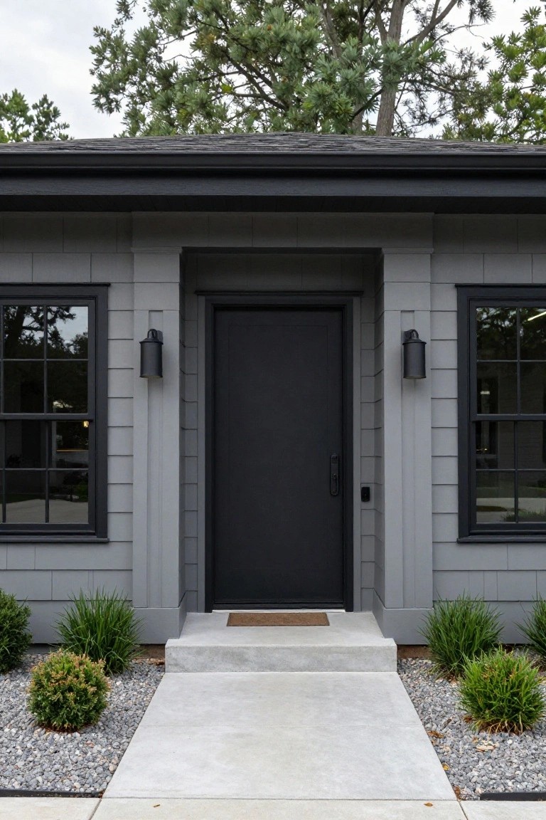 Gray shingle-style house exterior with centered black front door, black-framed multi-pane windows on each side, matching black sconces, concrete entry steps, doormat, and low gravel landscaping with shrubs.