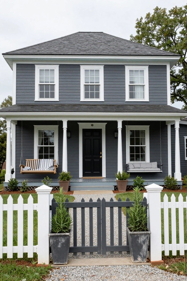Two-story colonial house with dark gray clapboard siding, white trim and porch, black front door, hanging swings on porch, white picket fence with black gate, and potted plants along gravel path.