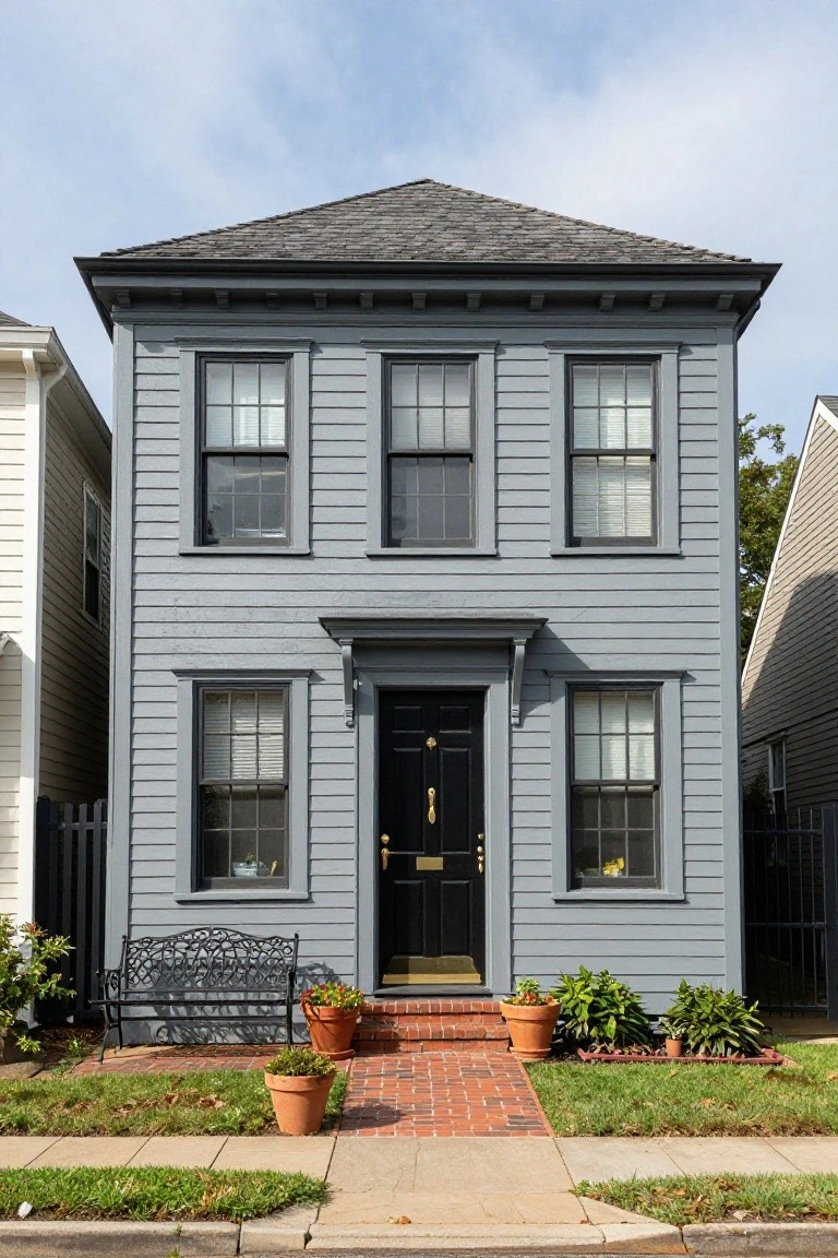 Two-story gray clapboard colonial house with black-trimmed windows and front door, symmetrical facade, brick entry steps, potted plants, and wrought iron bench on a grassy sidewalk.