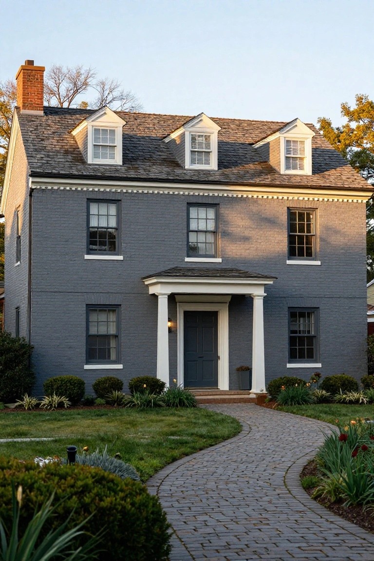 A two-story dark gray brick colonial house with white window trim, dormer windows, a brick chimney, shingled roof, white-columned front portico with dark blue door, curved brick pathway, and front yard landscaping including boxwoods and ornamental grasses.