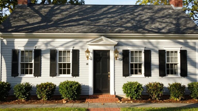 Two-story colonial house with light gray clapboard siding, black shutters on multi-pane windows, white trim, centered black front door flanked by lanterns, boxwood shrubs, brick walkway, and lawn with fall leaves.