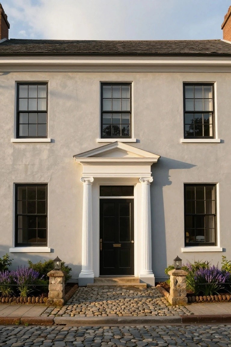Two-story gray stucco house with black-framed windows, central black door under white pediment supported by two columns, flanked by stone lanterns and lavender plants, on cobblestone paving.