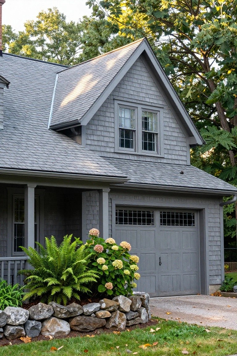Gray shingled Colonial-style house exterior with gabled roof section, front porch supported by columns, attached two-car garage with metal grille doors, and front landscaping including hydrangeas, ferns, and a rock wall, surrounded by trees.