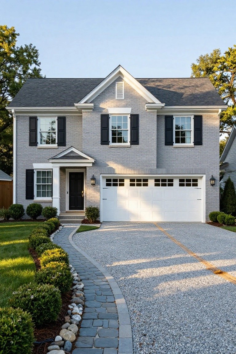Two-story colonial house with light gray brick exterior, black shutters on white-trimmed windows, black front door, white garage door, gravel driveway with stone path, and low shrubs in the front yard.