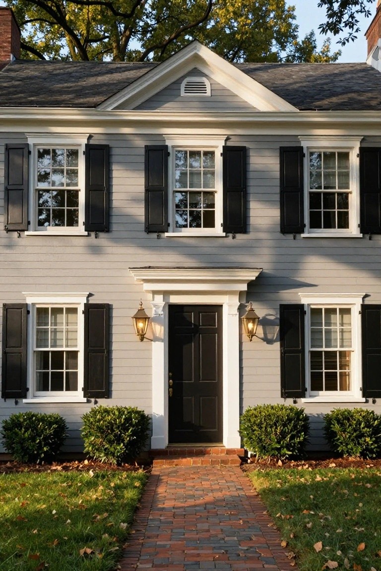 Two-story colonial house with light gray clapboard siding, black shutters on multi-pane windows, white trim, centered black front door flanked by lanterns, boxwood shrubs, brick walkway, and lawn with fall leaves.
