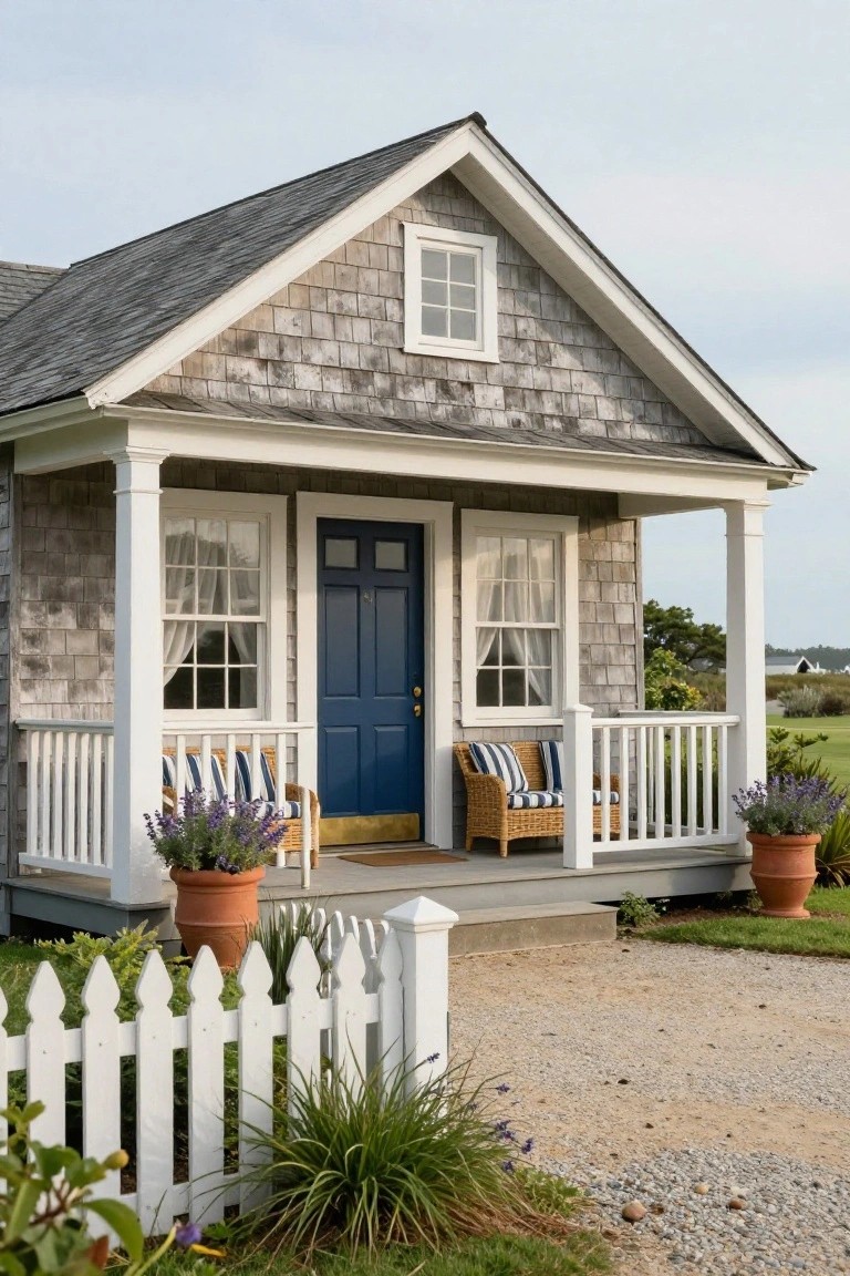 Small gabled cottage with gray shingle siding, white trim, navy blue front door, covered porch with wicker chairs and striped cushions, potted lavender plants, white picket fence, and gravel driveway.