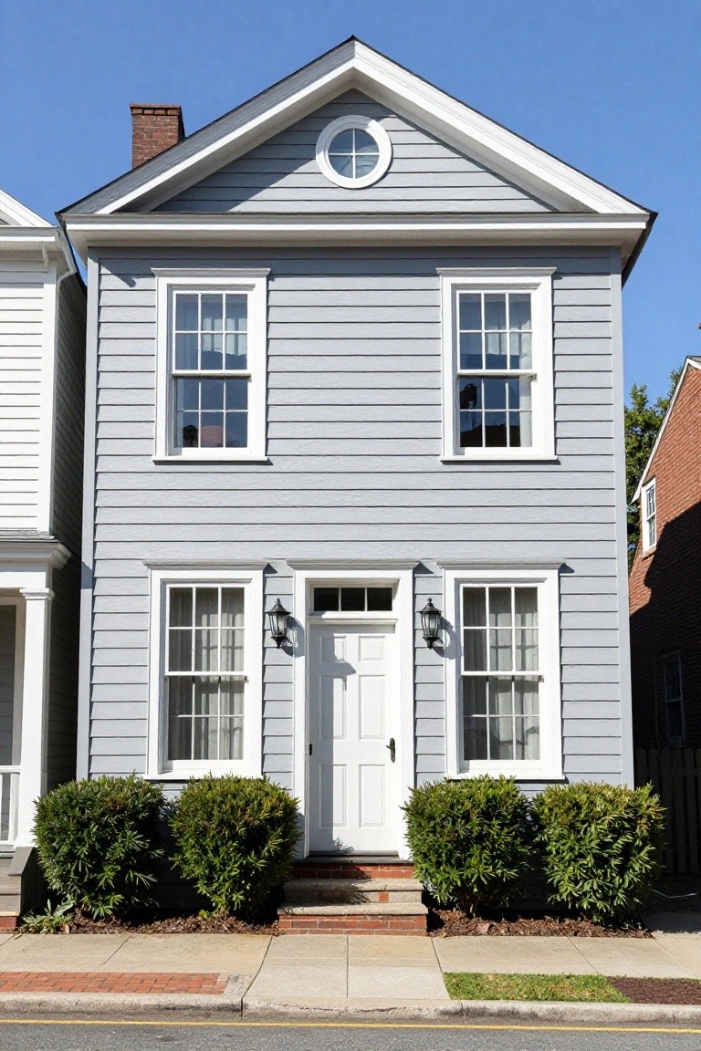 Two-story light gray clapboard colonial house with white trim around symmetrical double-hung windows, a central white front door with lanterns, brick chimney, and paired boxwood shrubs beside brick entry steps on a street.