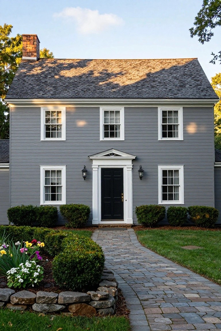 Front view of a two-story gray clapboard colonial house with white window frames, central black door under a pediment, brick chimney, lantern lights, boxwood shrubs, flower bed, and curved brick pathway.