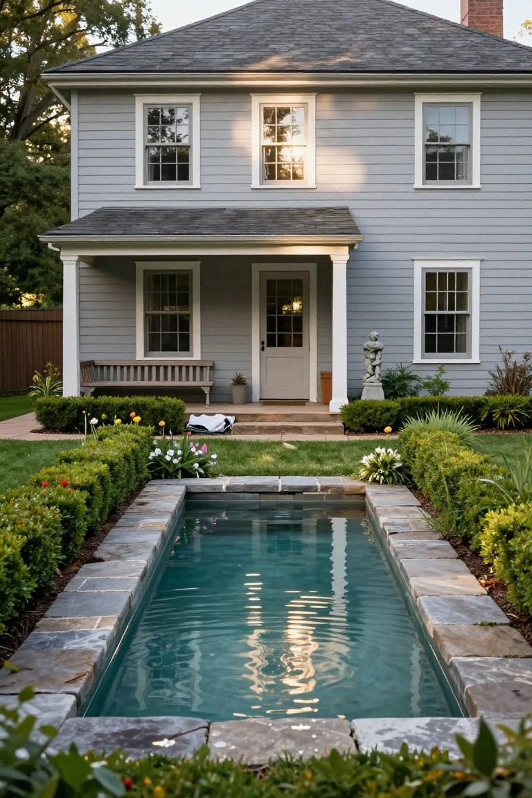 A two-story light gray clapboard colonial house with white-trimmed windows, a covered front porch with bench, statue, potted plants, boxwood hedges, flowers, and a long narrow turquoise pool edged in stone in the foreground.