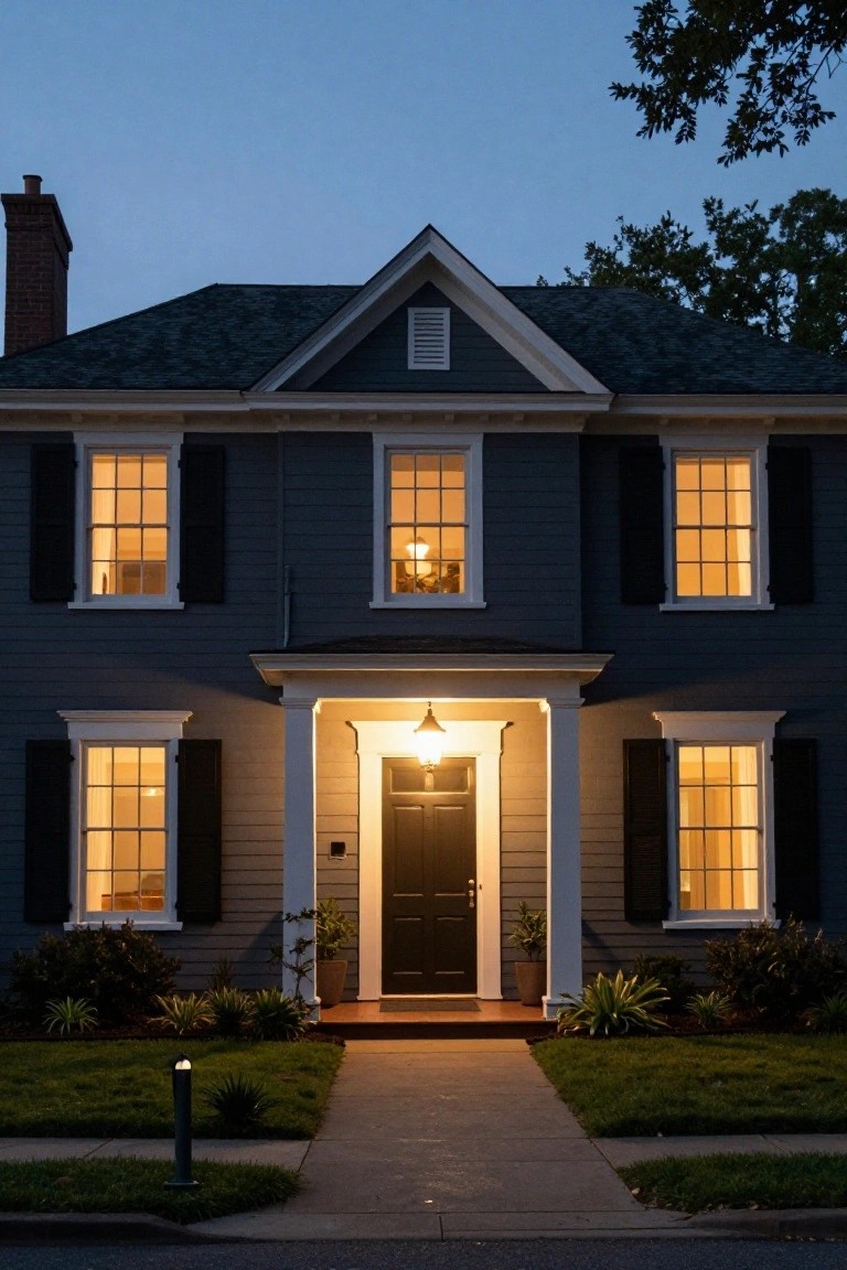 Two-story gray clapboard colonial house with white trim, black shutters, and a covered front porch lit by a hanging lantern at dusk, with warm light from interior windows and landscaped front yard.