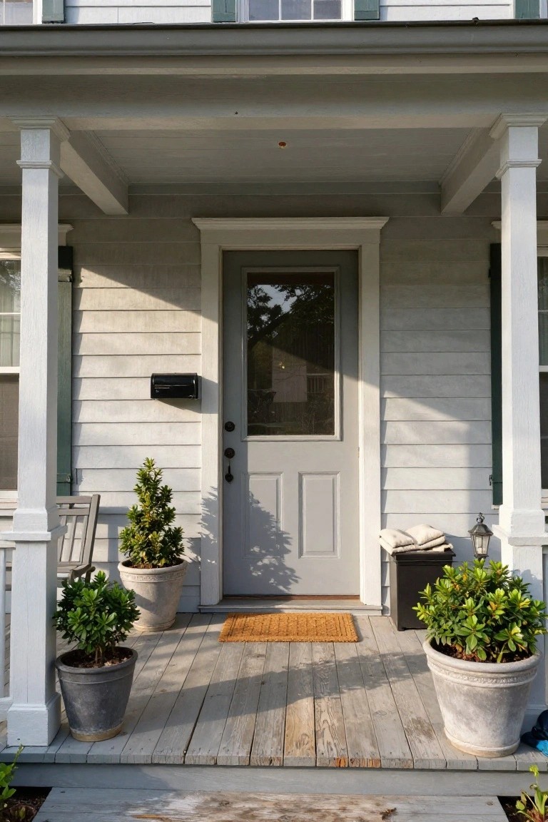 Front porch of a light gray clapboard house with white columns, gray paneled door with glass upper section, potted evergreen shrubs flanking the steps, woven mat, and lantern light.