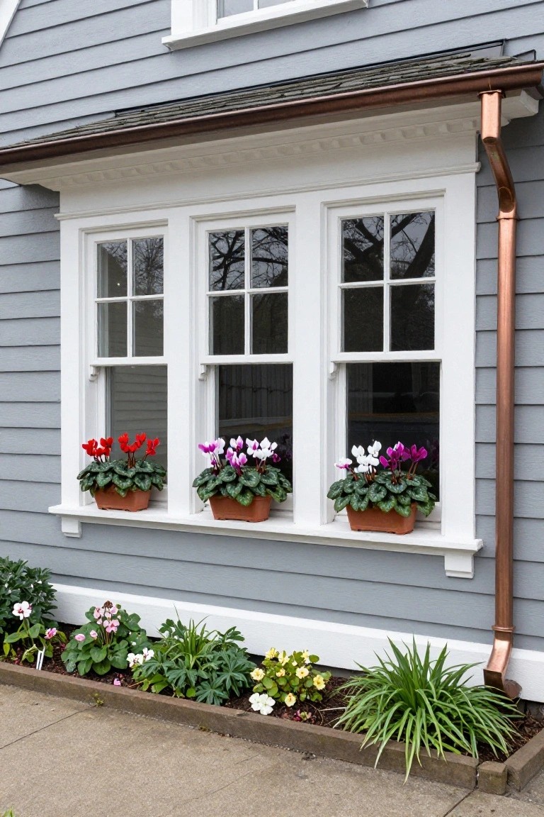Gray clapboard colonial house exterior with white triple windows, terracotta window boxes of red, pink, and white cyclamen flowers, copper downspout, and flower bed with various plants below.