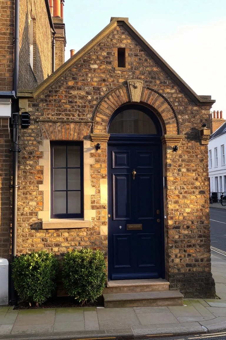 Brick house exterior with a tall arched entry featuring a navy blue paneled door, flanked by a rectangular window, small shrubs, and adjacent brick buildings on a paved street.
