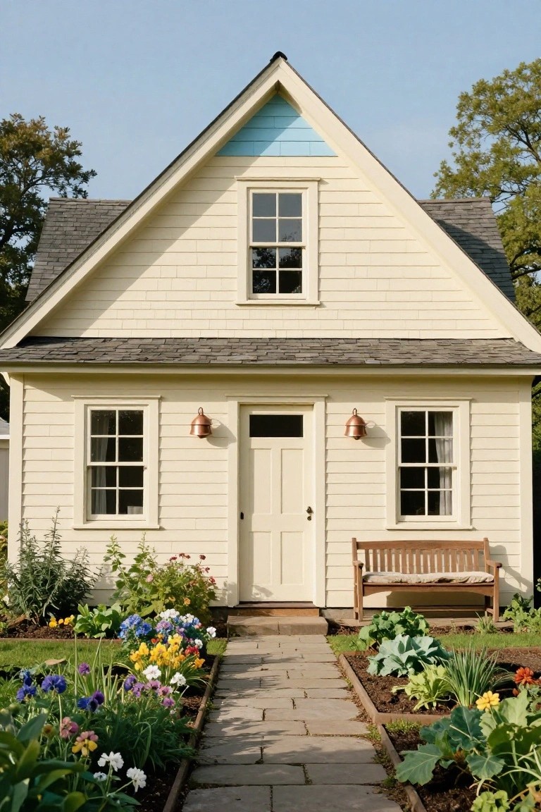 Pale yellow clapboard house with gabled slate roof featuring blue triangular gable end, copper lanterns flanking the white paneled door, wooden bench to the side, and stone pathway leading through raised garden beds with flowers and vegetables.