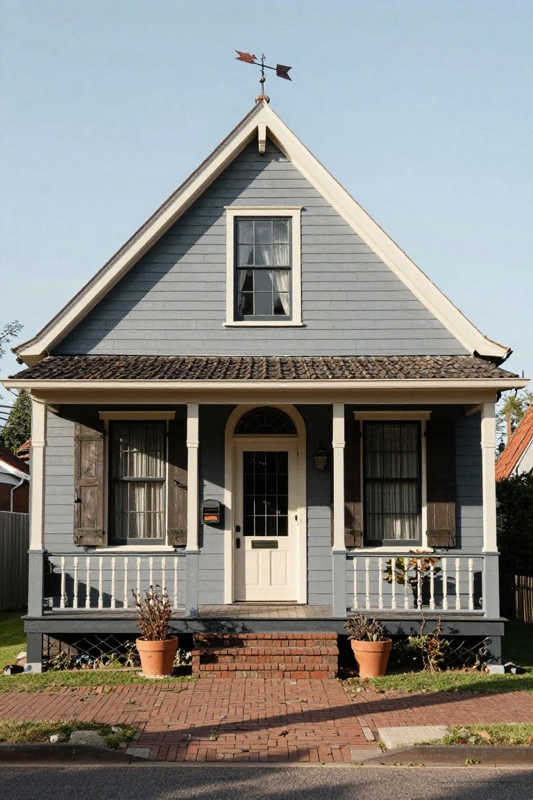 Gray shingled house with white trim and gabled roof, featuring a raised front porch with columns, arched white door, shutters on windows, potted plants, and brick entry steps.