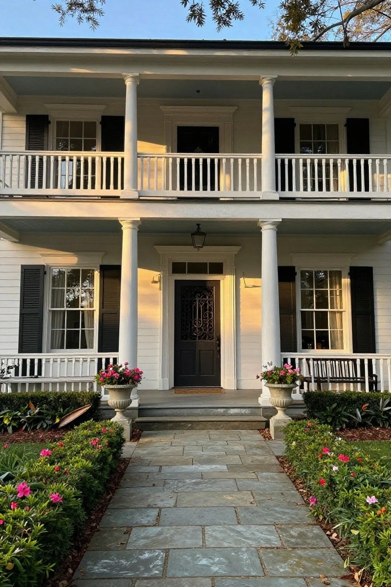Two-story white clapboard house with columned porches on both levels, black shutters on multi-pane windows, dark front door with decorative ironwork, potted plants on either side of steps, and flower beds along a slate stone pathway bordered by shrubs and trees under a partly cloudy sky.