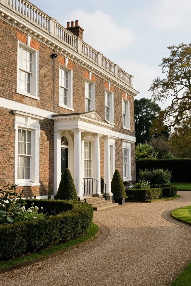 Red brick Georgian house with white columned portico at the entrance, flanked by topiary trees, shrubs, and a curved gravel path.