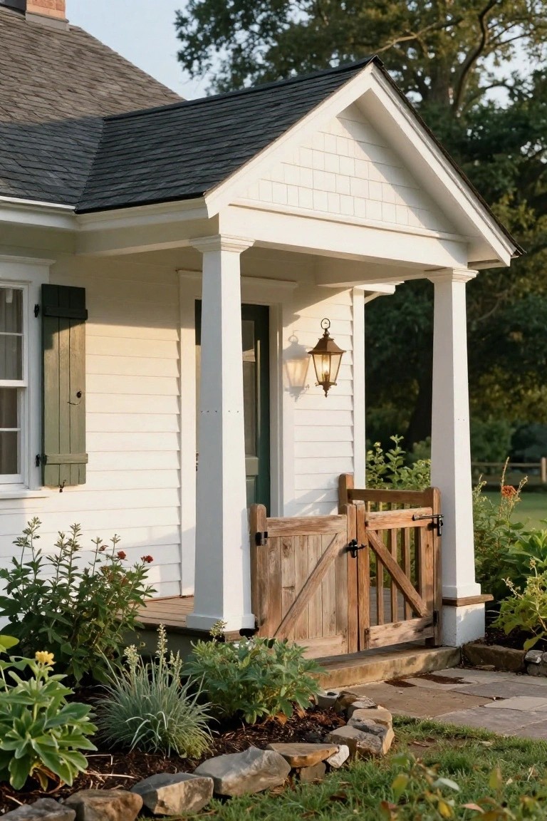 White clapboard Colonial house exterior with gabled porch, white columns, green shutters and door, brass lantern light, rustic wooden slat gate at steps, and garden beds with plants, rocks, and stone path.