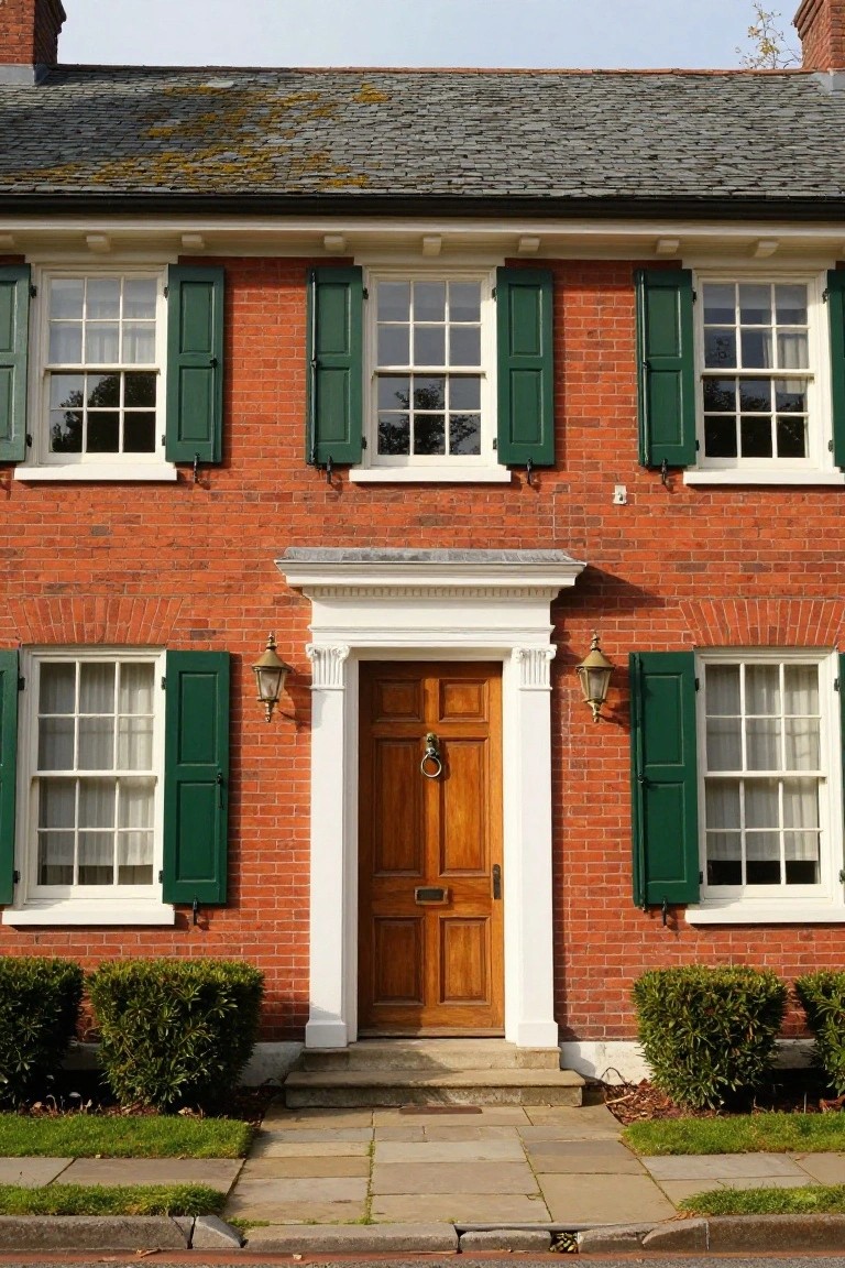 Two-story red brick Colonial house with dark green shutters on white-framed windows, a central wooden front door with brass knocker and lanterns, white pediment above the entry, slate roof, and boxwood shrubs beside a stone pathway.