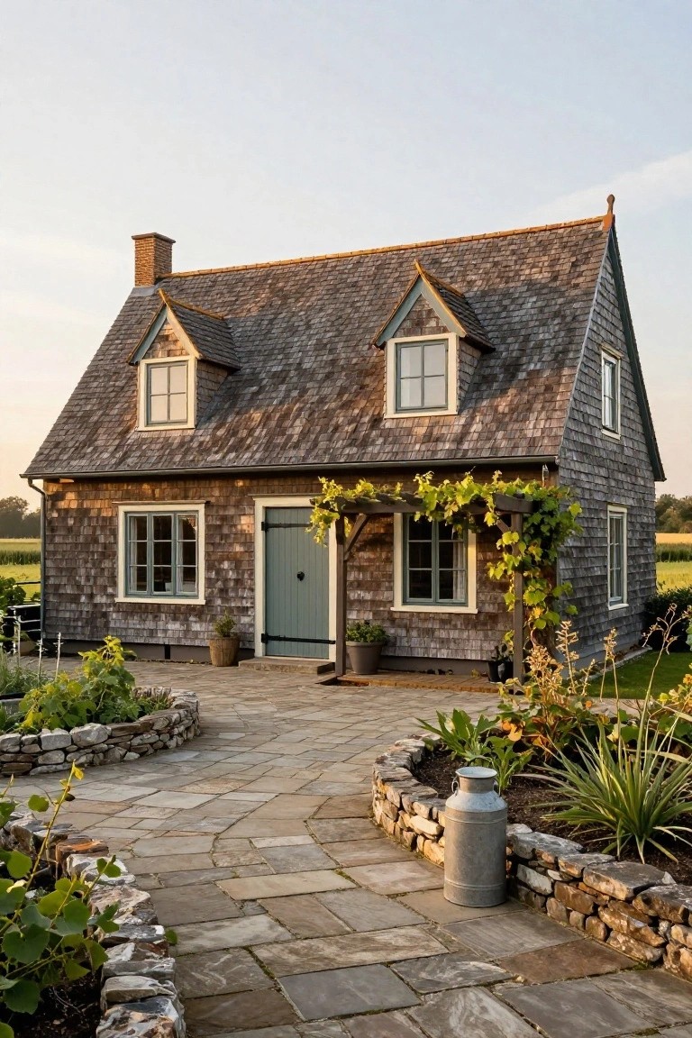 Small gabled cottage with gray shingle siding, green front door under vine-covered pergola, stone garden path, plants, and milk can in yard at dusk.