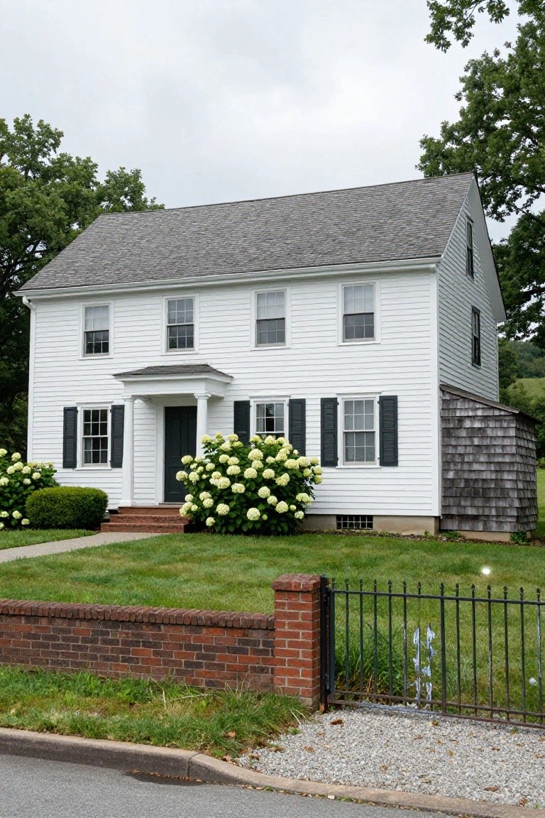 Two-story white clapboard colonial house with gabled gray shingle roof, black shutters on multi-pane windows, columned front portico with dark door, blooming white hydrangeas and boxwood shrubs flanking entry steps, brick wall with black iron fence, and grassy lawn.
