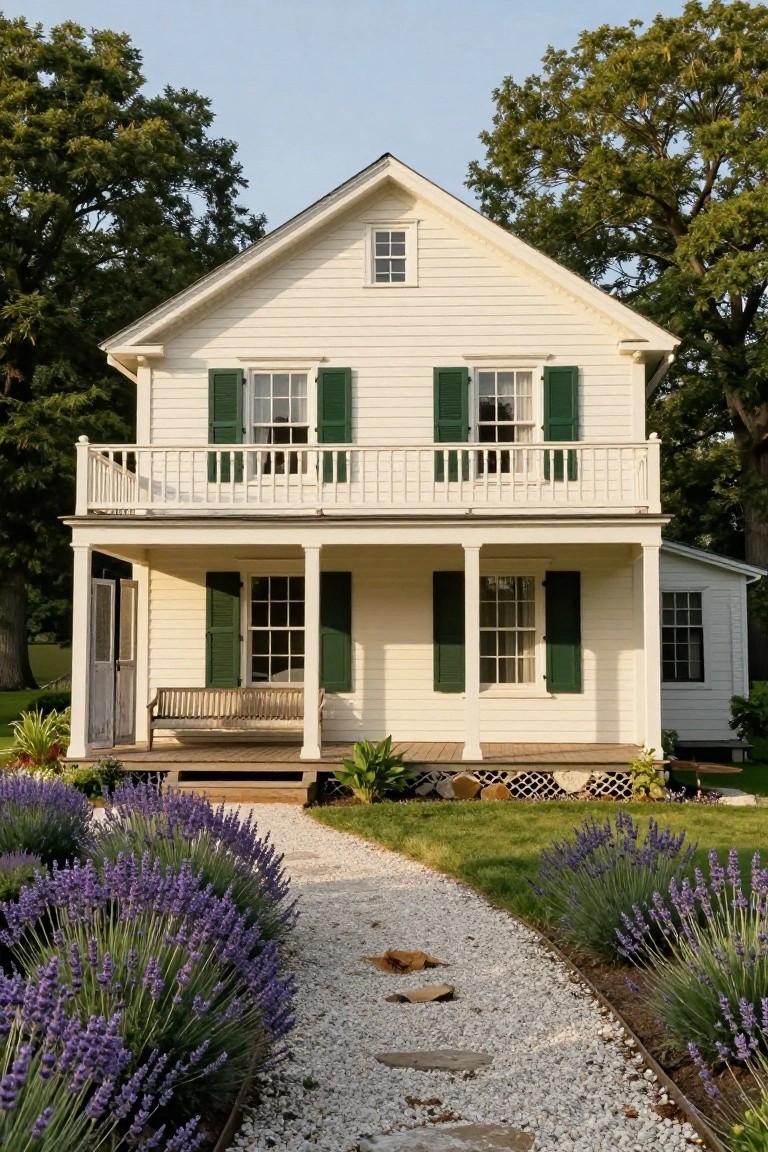 Two-story white clapboard colonial house with green shutters, upper balcony, lower wrap-around porch with bench, gravel path lined with lavender plants leading to entrance, surrounded by lawn, trees, and plants.