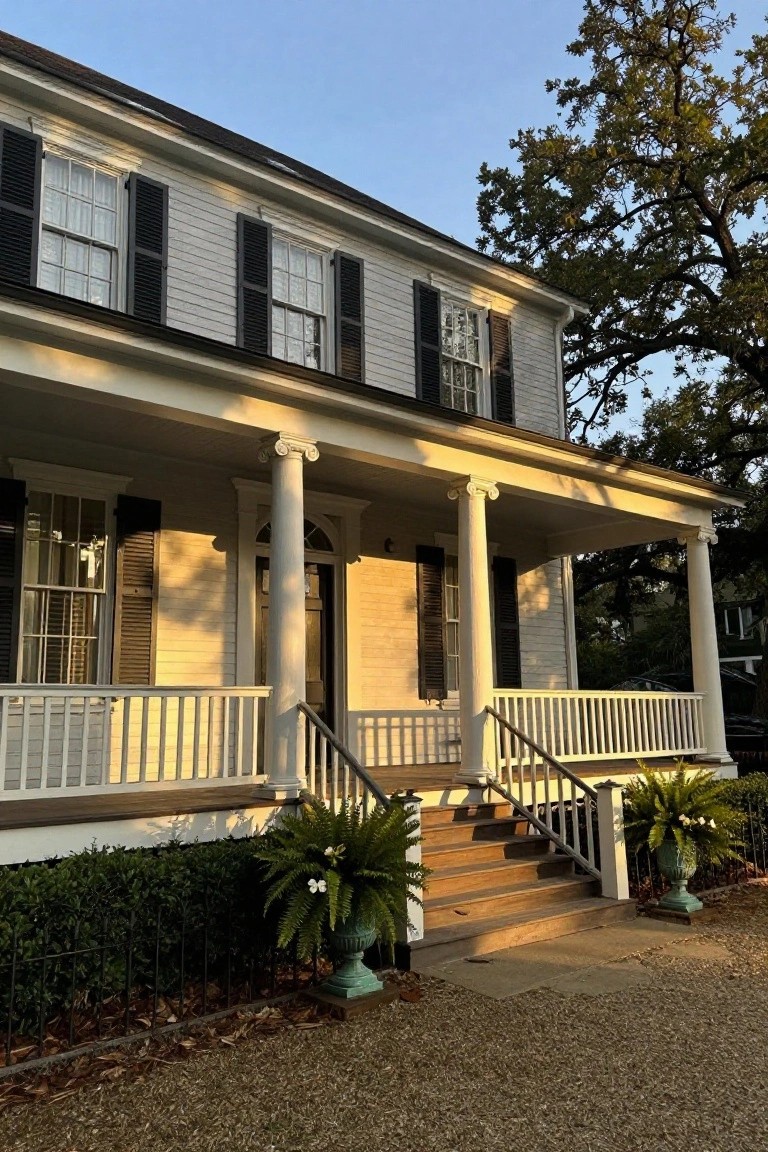 White clapboard two-story house with black shutters, raised front porch supported by four fluted columns, wooden steps with potted ferns, gravel driveway, and large oak tree nearby.