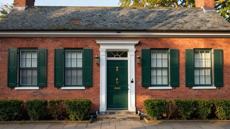 Two-story red brick Colonial house with dark green shutters on white-framed windows, a central wooden front door with brass knocker and lanterns, white pediment above the entry, slate roof, and boxwood shrubs beside a stone pathway.