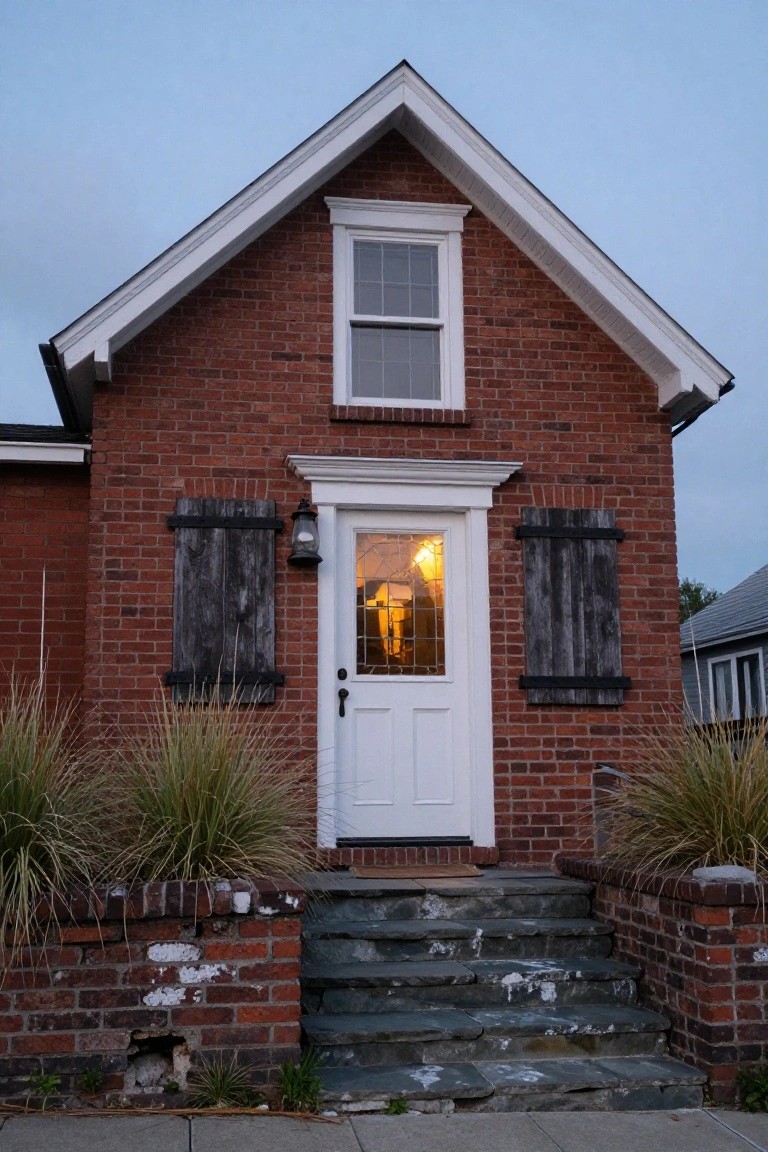Red brick colonial house exterior at dusk with gabled roofline, double-hung window, illuminated white front door with stained glass, weathered black board-and-batten shutters, lantern lights, stone steps, and ornamental grasses on either side.