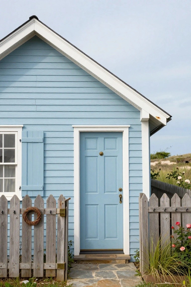 Light blue clapboard house with white trim and gabled roof, featuring a blue front door with brass hardware, a window with blue shutters, a weathered white picket fence gate with woven wreath, stone pathway, ornamental grasses, rose bushes, and distant dunes under a partly cloudy sky.