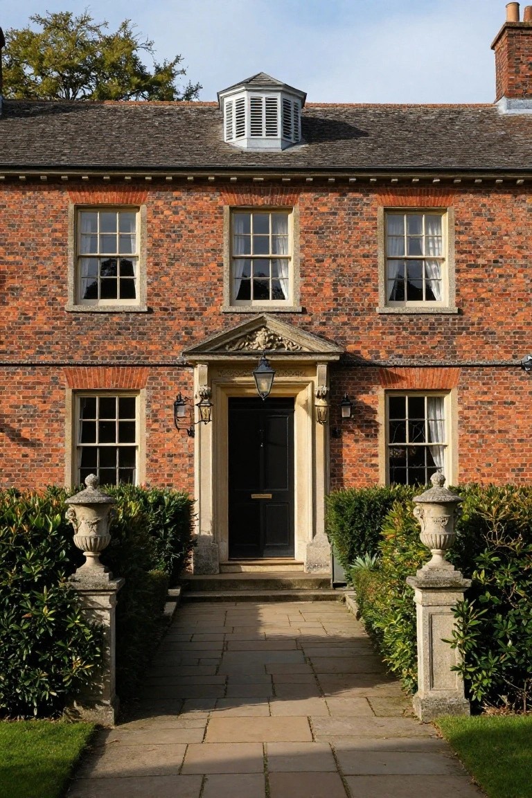 Two-story red brick Georgian-style house with white sash windows, a pedimented and columned front entrance with black door and lanterns, approached by stone pathway flanked by boxwood hedges and stone urns on pedestals.