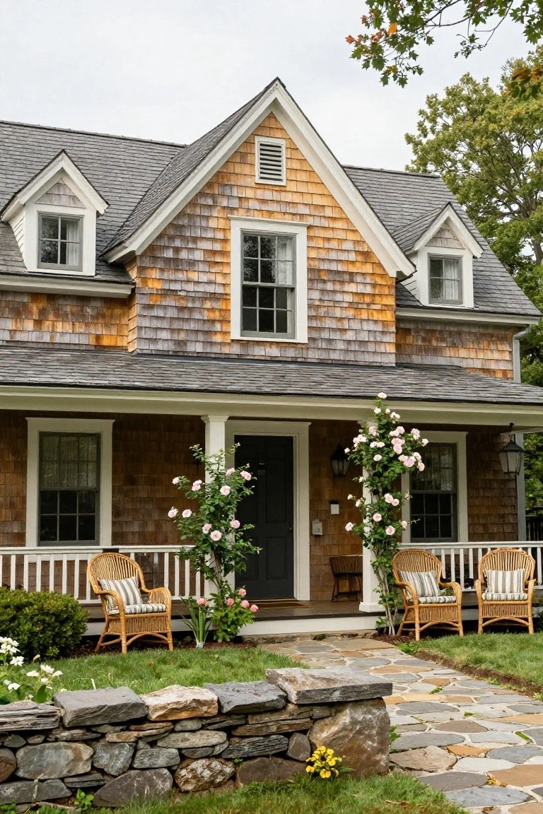 Two-story colonial house with horizontal cedar shingle siding, gabled slate roof, covered front porch with columns and wicker chairs, climbing pink roses, and flagstone path leading to a stone wall.
