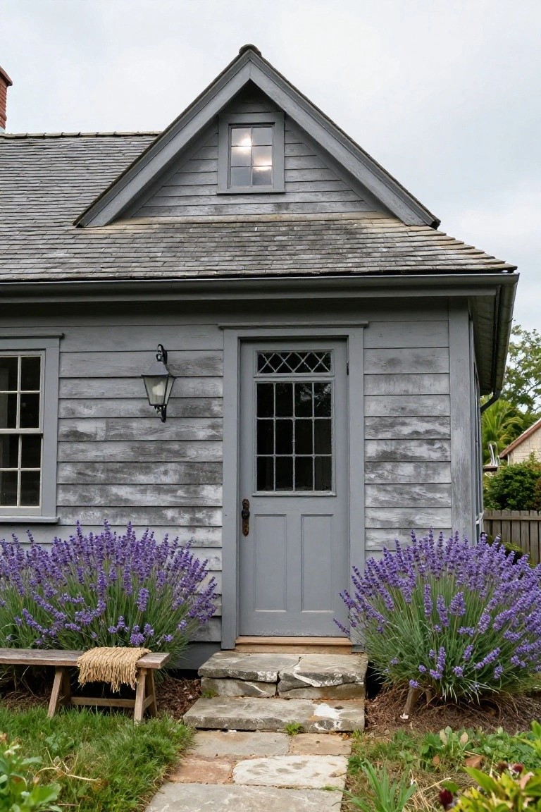 Gray shingled outbuilding with gabled roof, paned glass door flanked by lavender bushes, wall lantern, wooden bench, and stone steps leading to the entry.
