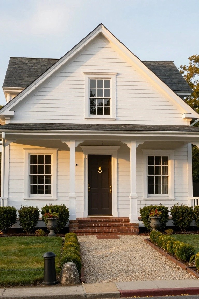 A white clapboard single-story house with dark gray gabled roof, covered front porch supported by columns, symmetrical double-hung windows, black front door with brass knocker and handle, brick steps, potted plants and boxwood shrubs, gravel pathway, low stone border, green lawn, and street curb.