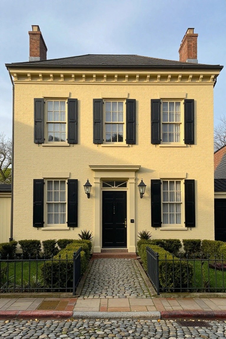 Two-story yellow brick house with black shutters on all windows, white trim, black front door with lanterns, boxwood hedges along a wrought iron fence, and a brick path leading to a cobblestone street.