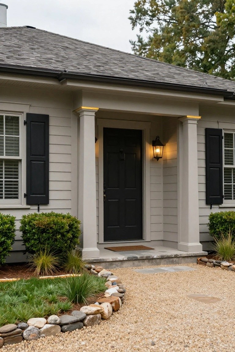 Light gray clapboard house with black shutters and front door under a small portico supported by two columns with gold capitals, flanked by lanterns, boxwood shrubs, ornamental grasses, rock borders, and a gravel path.