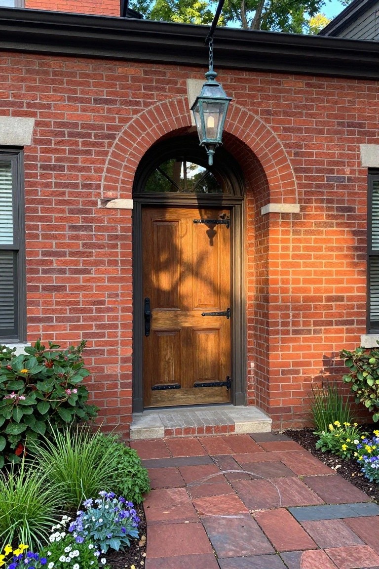 Red brick house facade with an arched entryway containing a dark wooden double door, black strap hinges, a hanging lantern light, flanked by narrow windows, and edged by low plants on a brick paver walkway.