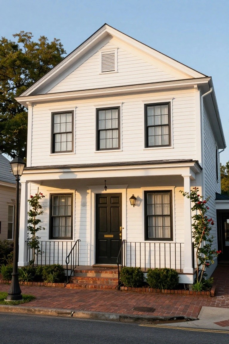 Two-story white clapboard colonial house with black-framed windows, black front door, covered porch with columns, brick steps, rose vines, shrubs, and a street lamp nearby.