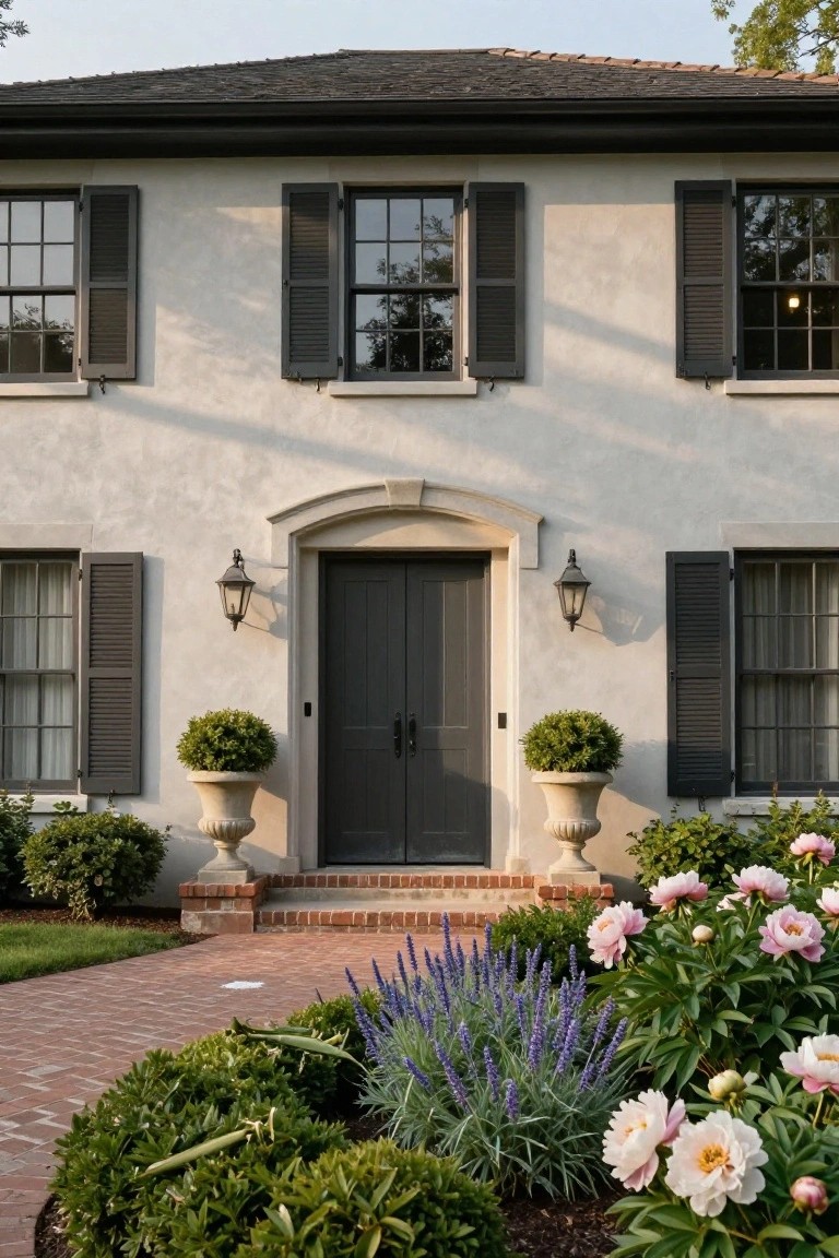 Front facade of a stucco house with black shutters on multi-pane windows, arched stone entryway with dark double doors flanked by lanterns and urns holding boxwood topiaries, brick steps and path leading to the door, and garden beds with lavender, peonies, and shrubs.