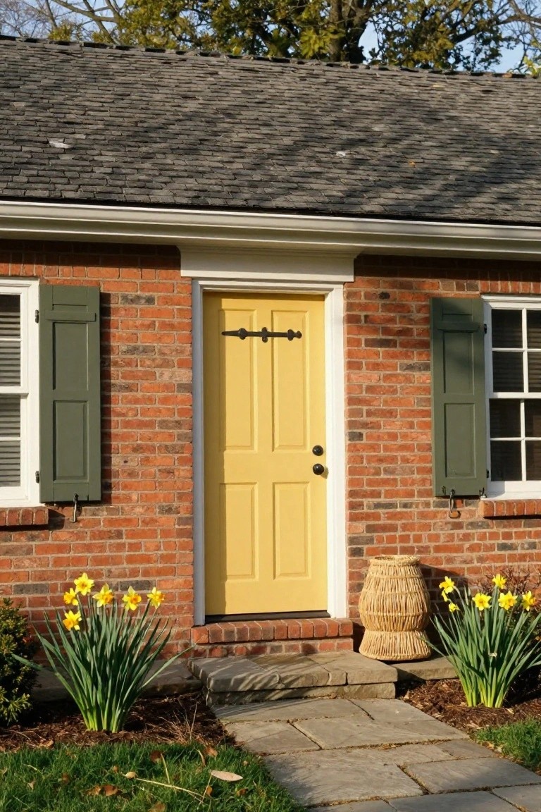 Small brick house exterior with gray slate roof, yellow front door, green shutters on white-framed windows, daffodil plantings, woven basket planter, and stone walkway leading to the entrance.
