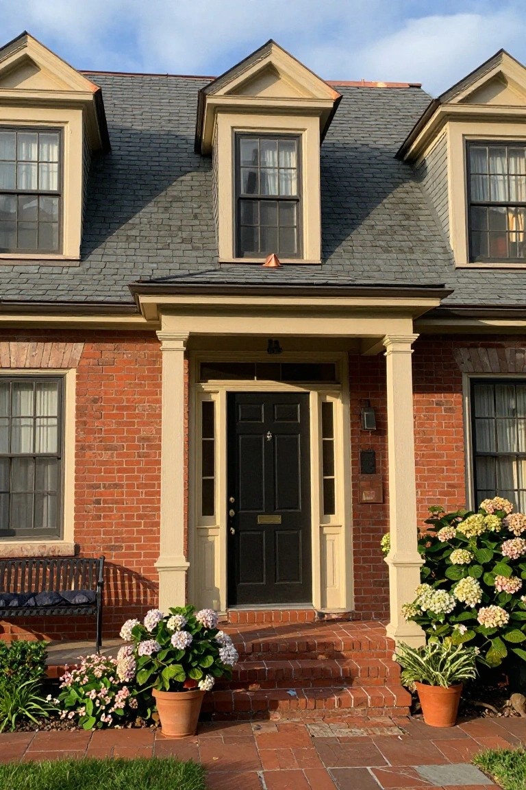 Brick Colonial house with beige columned porch, black front door, potted hydrangeas on brick steps, and a bench nearby under dormer windows.