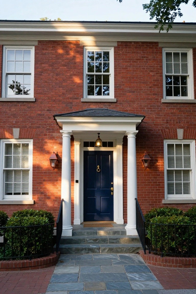 Red brick colonial-style house facade with white portico supported by columns, navy blue double front door, brass lantern lights, stone steps, and boxwood hedges on either side.
