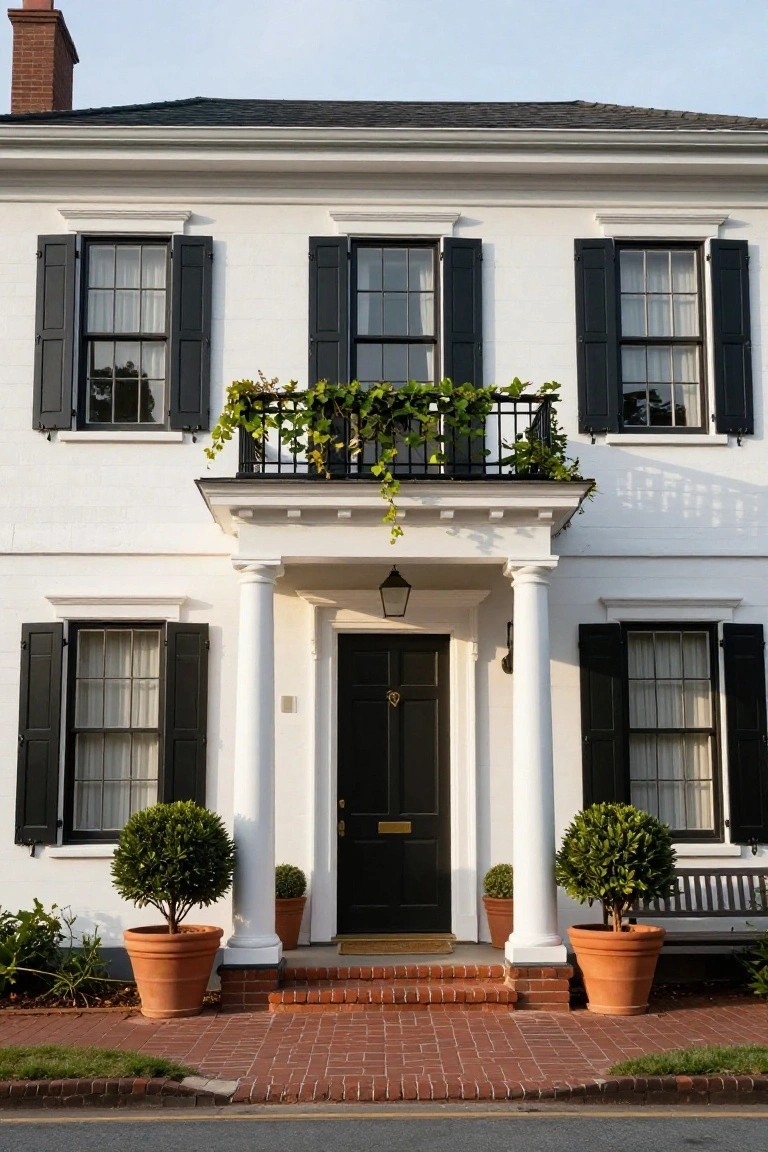 White two-story colonial house with black shutters on multi-pane windows, black front door under a columned portico, second-floor balcony with ivy, and potted boxwood shrubs on a brick walkway.