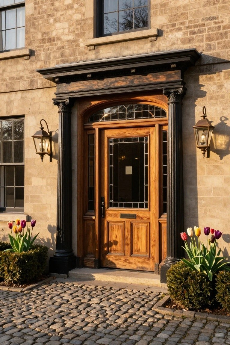Sandstone brick house exterior with a wooden arched front door featuring leaded glass panels, flanked by black fluted columns under a dark entablature, brass wall lanterns on both sides, tulip planters in front, boxwood shrubs, and a cobblestone pathway.